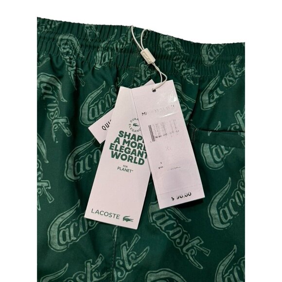 Lacoste Swim Trunks Mens XL Green All Over Logo Liner Drawstring Pockets - Picture 2 of 12
